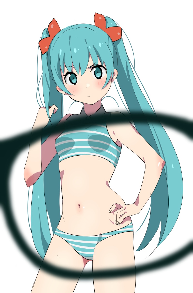 1girl aqua_eyes aqua_hair bangs blush bra cowboy_shot glasses hair_ribbon hand_on_hip hatsune_miku highres long_hair looking_at_viewer navel panties ribbon simple_background solo striped striped_bra striped_panties tshangen131 twintails underwear very_long_hair vocaloid white_background x-ray_glasses x-ray_vision