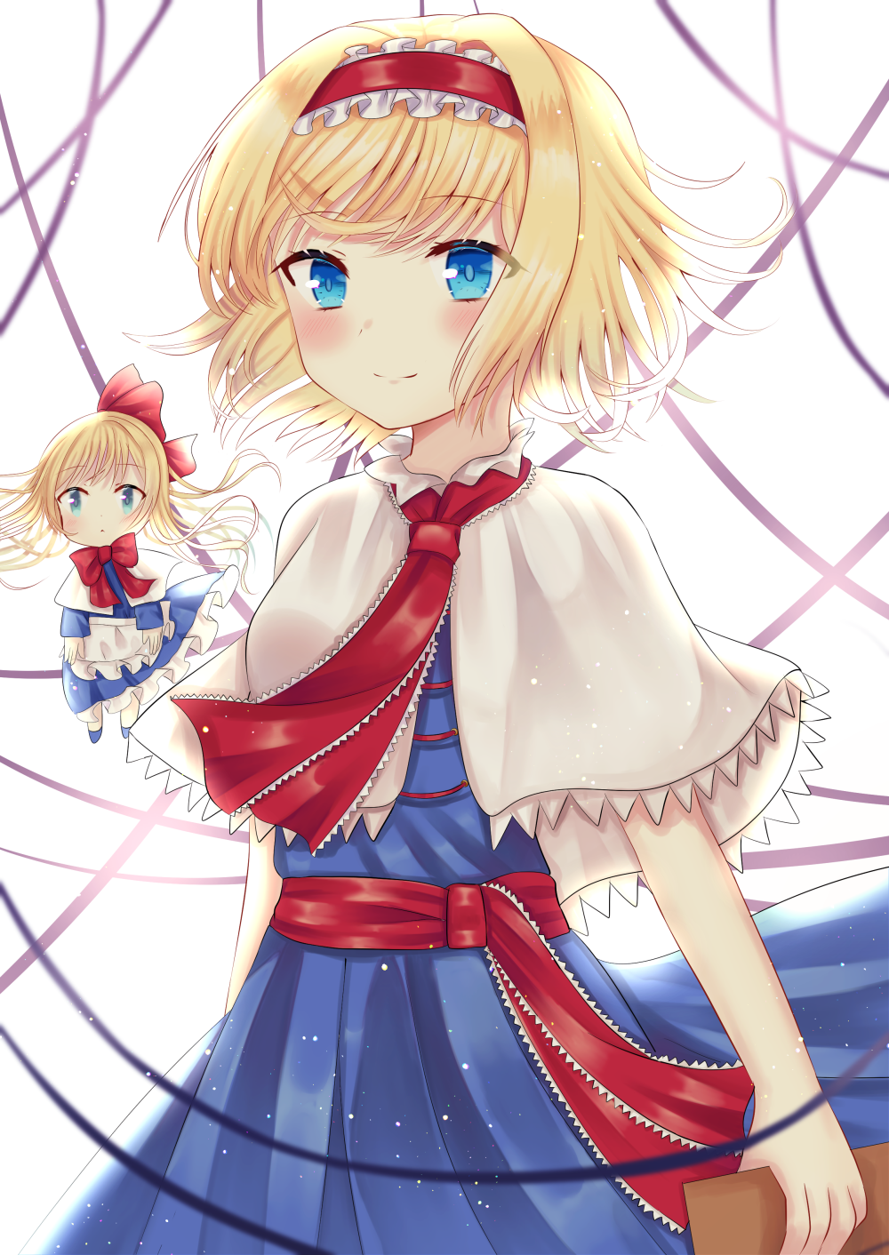 1girl alice_margatroid apron arms_at_sides bangs blonde_hair blue_dress blue_eyes book bow capelet commentary cowboy_shot dress eyebrows_visible_through_hair floating hair_blowing hair_bow hairband highres holding holding_book levitation light_particles lolita_hairband long_hair looking_at_viewer neck_ribbon nibosisuzu red_neckwear ribbon sash shanghai_doll short_hair smile solo standing string touhou waist_apron white_background white_capelet wind
