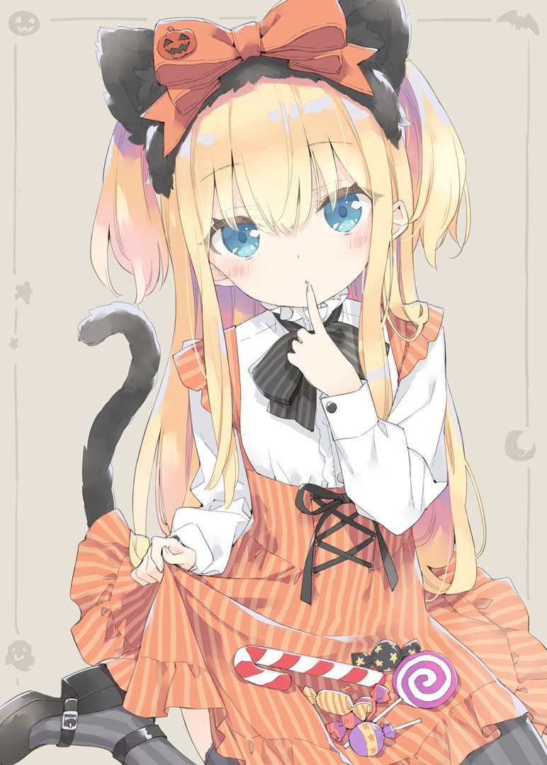 1girl animal_ears bangs black_bow black_footwear blonde_hair blue_eyes blush bow candy candy_cane candy_wrapper cat_ears cat_girl cat_tail commentary_request crescent dress dress_shirt eyebrows_visible_through_hair fake_animal_ears finger_to_mouth food grey_background grey_legwear hair_between_eyes jack-o'-lantern lollipop long_hair looking_at_viewer orange_bow orange_dress original pantyhose parted_lips peko shimotsuki_potofu shirt shoes sitting solo star striped striped_bow striped_legwear swirl_lollipop tail tail_raised two_side_up vertical-striped_dress vertical-striped_legwear vertical_stripes very_long_hair wariza white_shirt