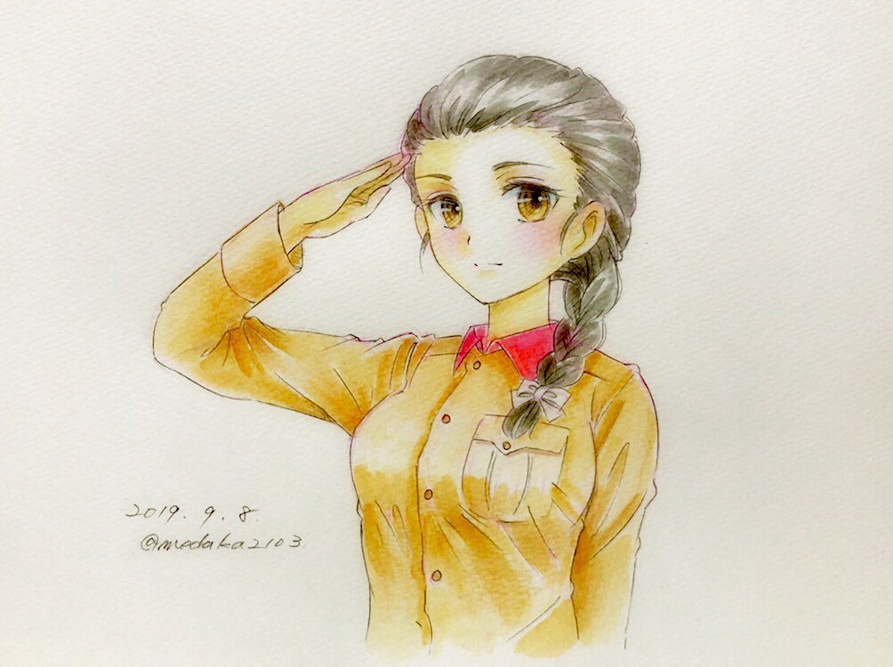 1girl bangs black_hair braid brown_eyes brown_jacket chi-hatan_military_uniform colored_pencil_(medium) commentary cropped_torso dated girls_und_panzer hair_over_shoulder hair_ribbon jacket light_blush light_smile long_hair long_sleeves military military_uniform q-bee_(aaru) ribbon salute single_braid solo tamada_(girls_und_panzer) texture traditional_media twitter_username uniform white_ribbon