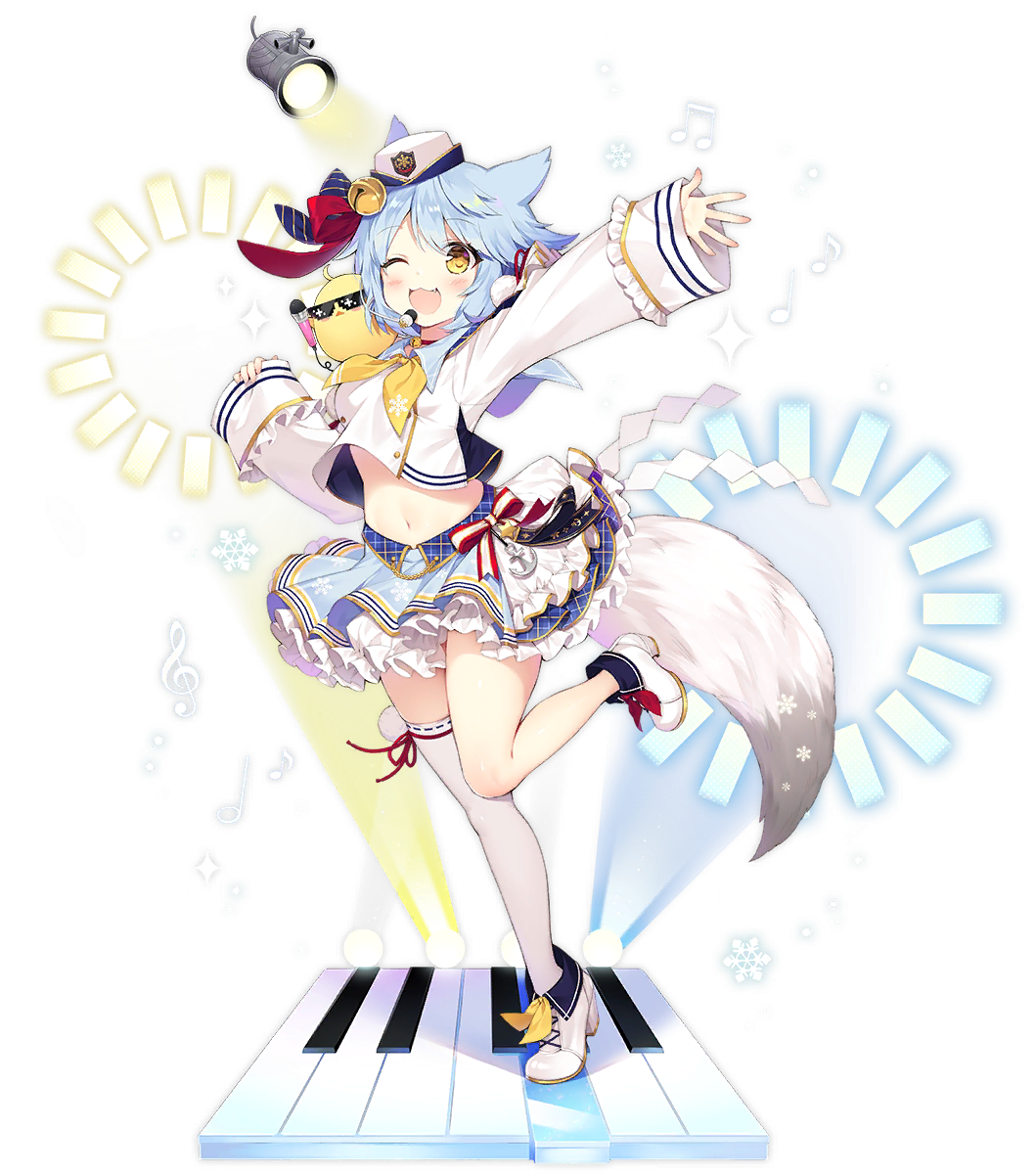 1girl ;d azur_lane bird blue_hair byulzzimon chick crop_top crop_top_overhang fang fox_tail fubuki_(azur_lane) full_body hand_up hat highres idol layered_skirt leg_up long_sleeves looking_at_viewer manjuu_(azur_lane) midriff miniskirt navel neckerchief official_art one_eye_closed open_mouth outstretched_arm sailor_hat shide shirt shoes short_hair single_thighhigh skirt smile solo spotlight standing standing_on_one_leg sunglasses tail thigh-highs transparent_background white_headwear white_legwear white_shirt yellow_eyes