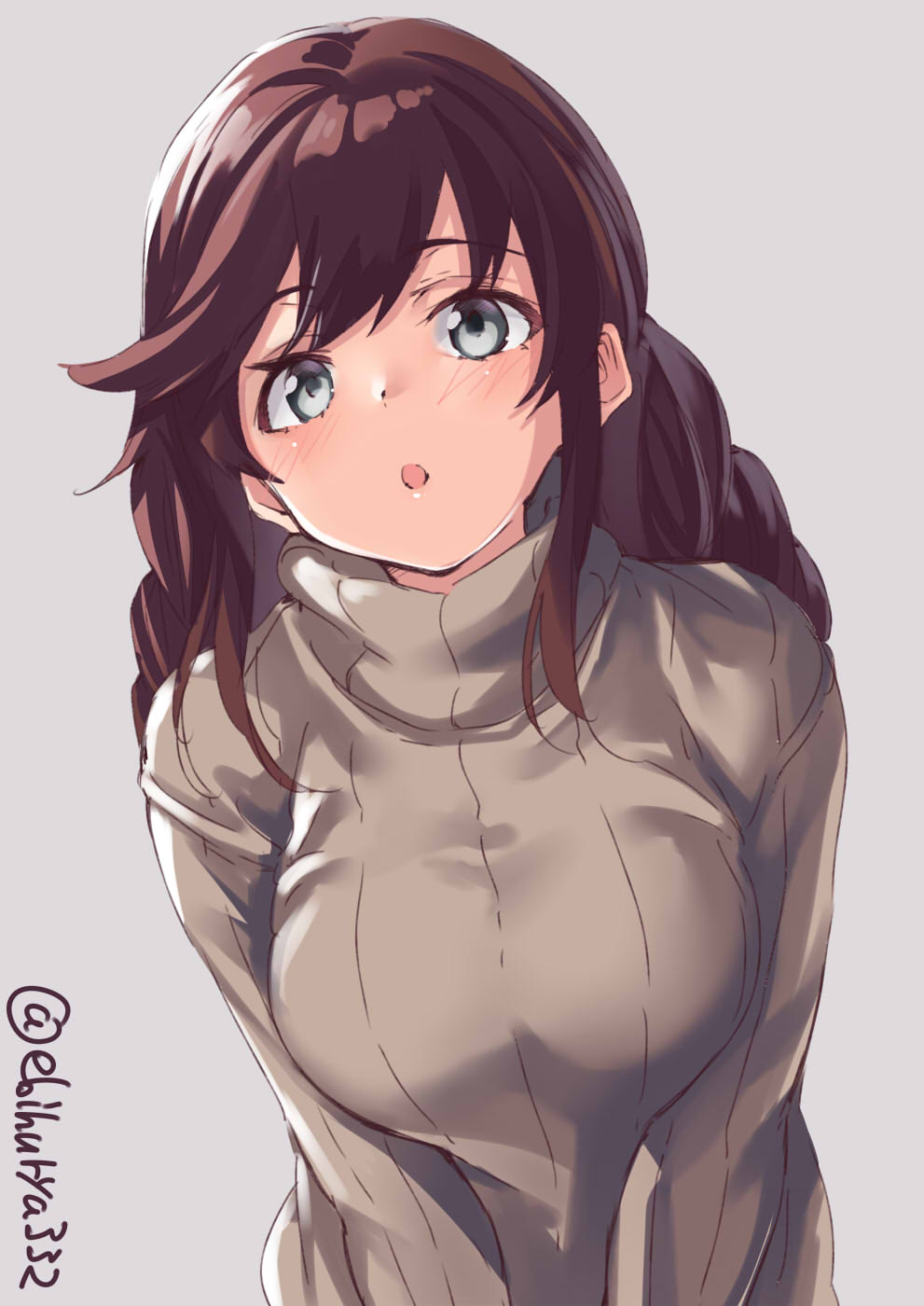 1girl bangs blush braid breasts brown_hair brown_sweater casual ebifurya green_eyes grey_background highres kantai_collection large_breasts long_sleeves looking_at_viewer noshiro_(kantai_collection) open_mouth ribbed_sweater simple_background solo sweater swept_bangs turtleneck turtleneck_sweater twin_braids twitter_username upper_body v_arms