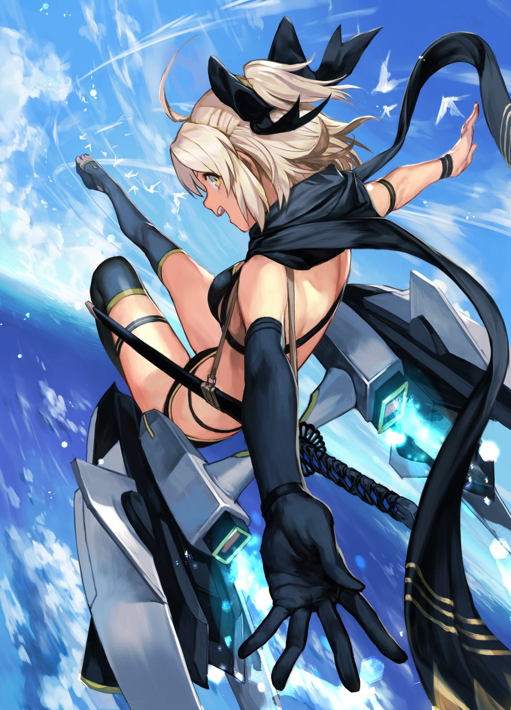 1girl :d ahoge arm_strap bangs bikini bird black_bikini black_bow black_footwear black_gloves black_legwear black_scarf blonde_hair blue_sky boots bow clouds condensation_trail day dove elbow_gloves flock flying from_behind from_side gloves hair_bow hair_ornament half_updo hankuri highres horizon jetpack katana looking_back looking_to_the_side midair ocean okita_souji_(fate)_(all) okita_souji_(swimsuit_assassin)_(fate) open_mouth outdoors outstretched_arms scarf sheath sheathed short_hair single_elbow_glove single_glove sky smile solo spread_arms swimsuit sword thigh-highs thigh_boots thigh_strap thrusters toeless_boots toeless_legwear toes weapon wind yellow_eyes