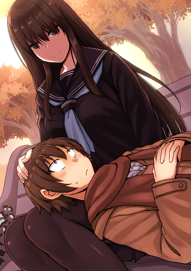 1boy 1girl autumn autumn_leaves bangs bench black_legwear black_serafuku black_shirt black_skirt blue_neckwear blush brown_hair brown_jacket brown_scarf closed_mouth collared_shirt commentary_request dutch_angle embarrassed eye_contact eyebrows_visible_through_hair hair_between_eyes hair_over_eyes interlocked_fingers jacket kokuryuugan kuro_senpai_to_kuro_yashiki_no_yami_ni_mayowanai lap_pillow long_hair long_sleeves looking_at_another looking_down looking_up lying necktie on_back outdoors pantyhose pleated_skirt red_eyes reiichi_(kuro_senpai) sailor_collar scarf school_uniform senpai_(kuro_senpai) serafuku shiny shiny_hair shirt short_hair sitting skirt sunlight tree