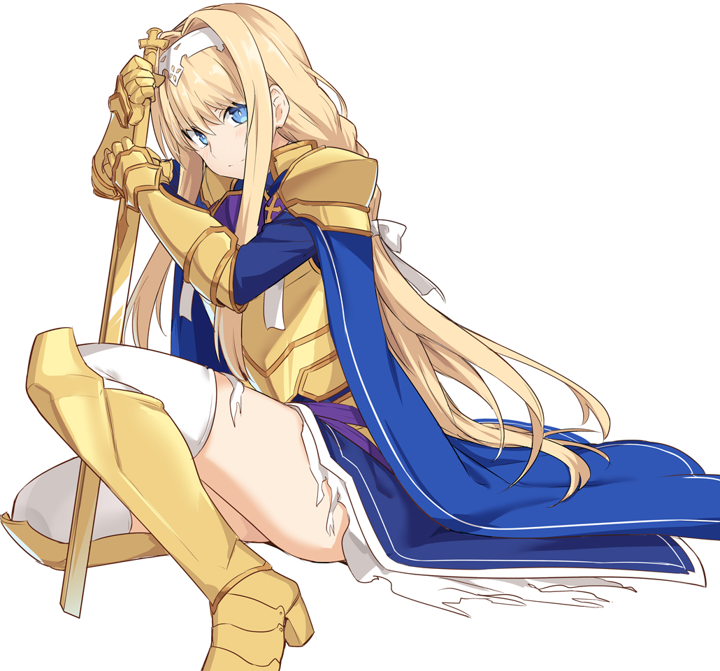 1girl alice_schuberg armor bangs blonde_hair blue_eyes boots braid commentary_request dress hairband holding long_hair looking_at_viewer ribbon shiseki_hirame simple_background smile solo sword sword_art_online_alicization thigh-highs torn_clothes very_long_hair weapon white_background white_hairband white_legwear