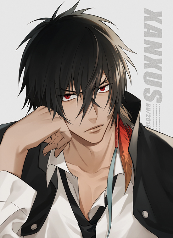 1boy 954740837 black_hair black_neckwear buttons character_name closed_mouth collar collarbone collared_shirt feathers grey_background hand_on_own_cheek katekyo_hitman_reborn looking_at_viewer male_focus necktie red_eyes red_feathers scar shirt short_hair simple_background solo upper_body white_shirt xanxus