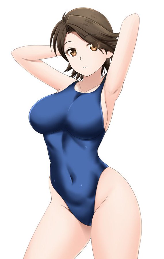 1girl armpits arms_behind_head arms_up blue_swimsuit breasts brown_eyes brown_hair collarbone competition_swimsuit covered_navel cowboy_shot expressionless fuuma_nagi large_breasts looking_at_viewer mole mole_under_eye one-piece_swimsuit original short_hair simple_background solo swimsuit white_background