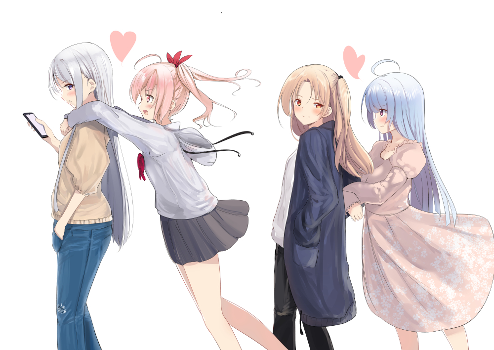 4girls ahoge alternate_costume arm_hug azur_lane bangs black_pants black_skirt blonde_hair blue_hair blush casual cellphone cleveland_(azur_lane) contemporary denim drawstring dress enterprise_(azur_lane) feet_out_of_frame hand_in_pocket heart helena_(azur_lane) holding holding_cellphone holding_phone hood hood_down hooded_jacket jacket jeans juliet_sleeves long_hair long_sleeves multiple_girls one_side_up open_mouth pants phone pink_eyes pink_hair puffy_sleeves red_eyes saratoga_(azur_lane) schreibe_shura short_hair silver_hair simple_background skirt smartphone smile twintails white_background white_jacket yuri