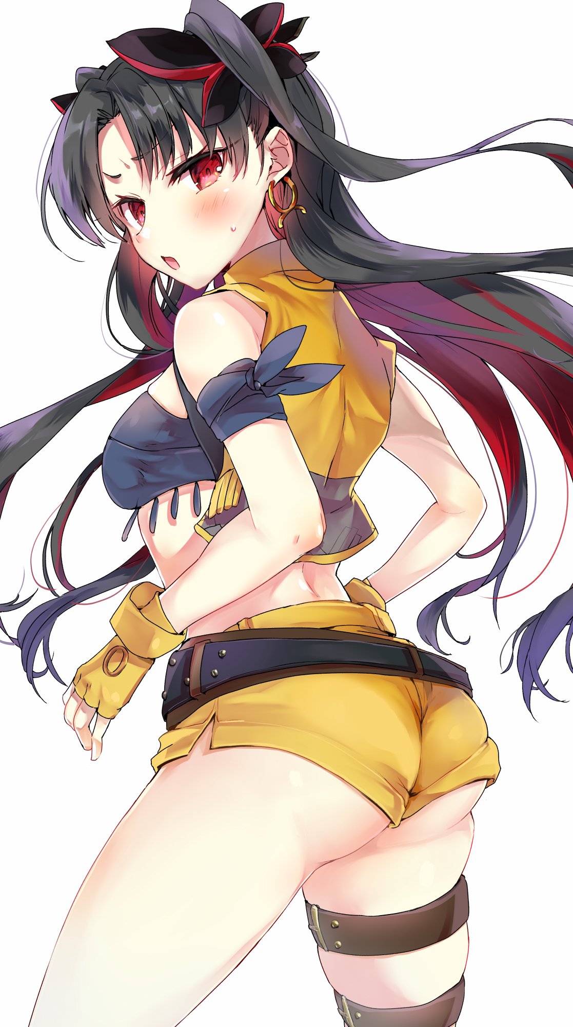 1girl ass bangs bare_shoulders belt black_belt black_hair blush breasts brown_belt commentary_request earrings eyebrows_visible_through_hair fate/grand_order fate_(series) fingerless_gloves gloves hair_ornament highres hoop_earrings ishtar_(fate/grand_order) jewelry leg_belt long_hair looking_at_viewer looking_to_the_side medium_breasts multicolored_hair open_clothes open_mouth open_vest parted_bangs red_eyes redhead short_shorts shorts simple_background skindentation solo space_ishtar_(fate) sweat tomozero two-tone_hair two_side_up very_long_hair vest white_background yellow_gloves yellow_shorts yellow_vest