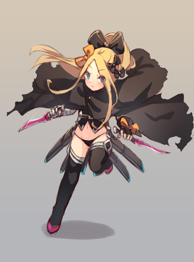 1girl abigail_williams_(fate/grand_order) bandaged_arm bandages bangs black_bow black_cloak black_footwear black_gloves black_legwear black_panties black_shirt blonde_hair blue_eyes blush boots bow brown_background cloak closed_mouth cosplay dagger dual_wielding fate/apocrypha fate/grand_order fate_(series) fingerless_gloves full_body gloves gradient gradient_background grey_background hair_between_eyes high_ponytail holding holding_dagger holding_weapon jack_the_ripper_(fate/apocrypha) jack_the_ripper_(fate/apocrypha)_(cosplay) long_hair looking_at_viewer miya_(pixiv15283026) navel orange_bow panties parted_bangs ponytail shadow sheath shirt sidelocks single_glove sleeveless sleeveless_shirt solo standing standing_on_one_leg thigh-highs thigh_boots torn_cloak torn_clothes underwear unsheathed v-shaped_eyebrows very_long_hair weapon