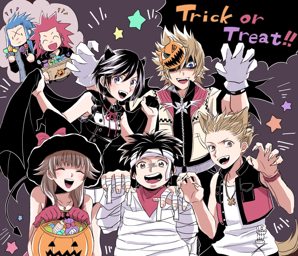 2girls 5boys animal_costume animal_ears black_hair blonde_hair blue_eyes blue_hair brown_hair candy cape claw_pose emphasis_lines food gloves halloween halloween_basket halloween_costume hat hayner headband hifumi_(aiueonigiri) horns isa_(kingdom_hearts) jack-o'-lantern kingdom_hearts kingdom_hearts_iii lea_(kingdom_hearts) looking_at_viewer mask mask_on_head mask_over_one_eye multiple_boys multiple_girls mummy_costume neck_ribbon olette open_mouth pence redhead ribbon roxas scarf shaded_face smile star tail trick_or_treat vampire_costume vest witch_costume witch_hat wolf_costume wolf_ears wolf_tail xion_(kingdom_hearts)