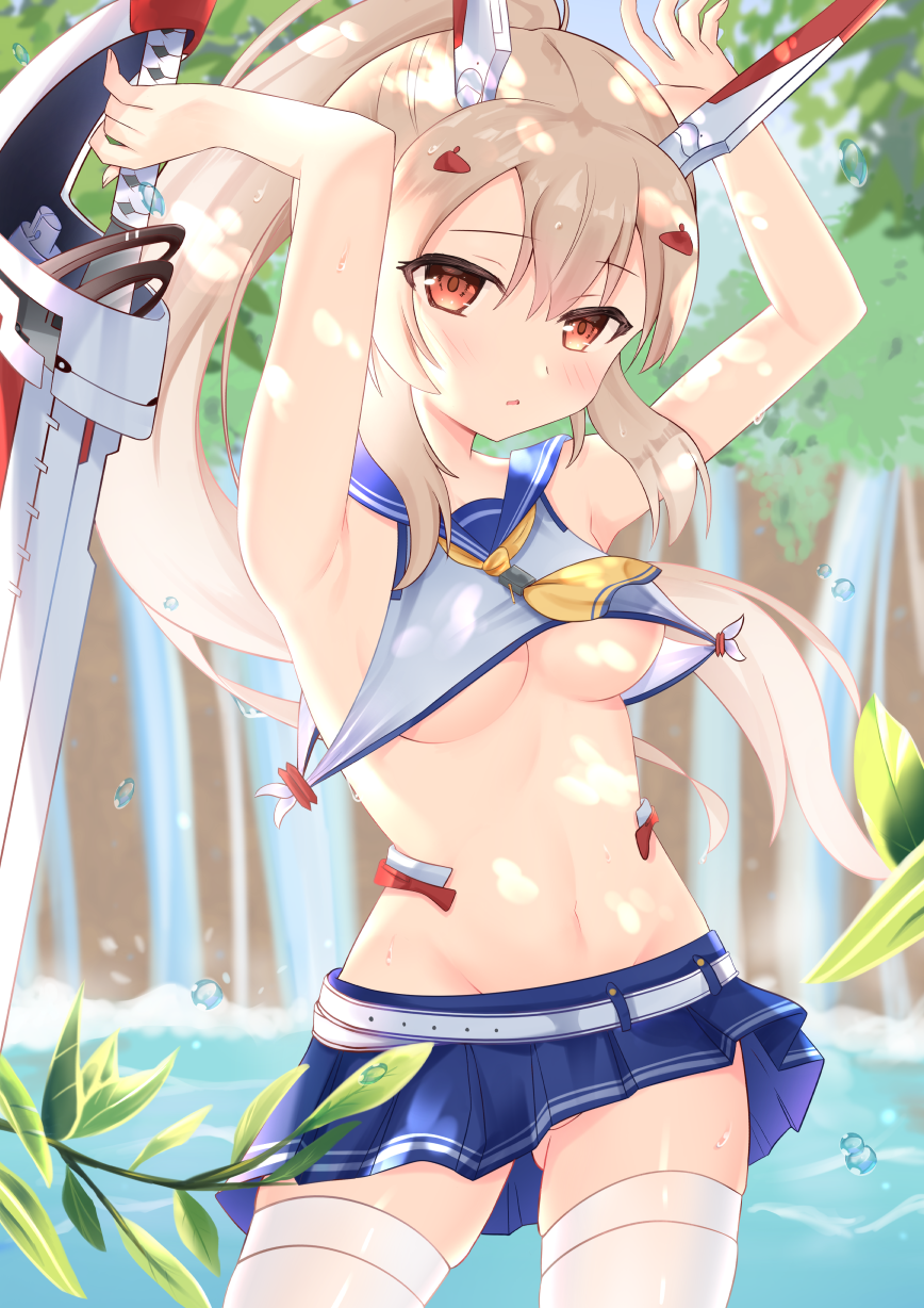 1girl armpits ass_visible_through_thighs ayanami_(azur_lane) azur_lane bangs belt blue_sailor_collar blue_skirt blush breasts commentary_request cowboy_shot crop_top crop_top_overhang day eyebrows_visible_through_hair hair_between_eyes headgear highres holding holding_sword holding_weapon legs_apart long_hair long_ponytail looking_at_viewer miniskirt navel neckerchief outdoors platinum_blonde_hair red_eyes retrofit_(azur_lane) sailor_collar sidelocks skirt ss851251 standing stomach sword thigh-highs thighs under_boob water_drop weapon white_legwear yellow_neckwear