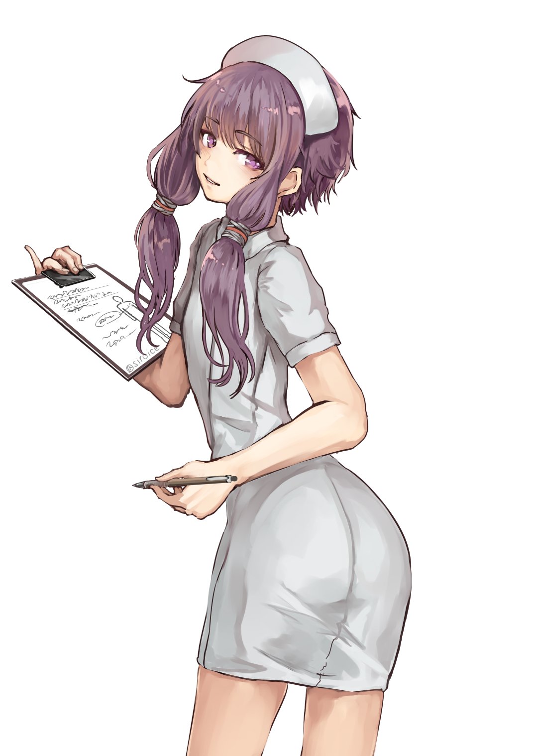 1girl bad_anatomy clipboard commentary cowboy_shot dress hair_ornament hand_up hat highres holding holding_clipboard holding_pen left-handed looking_at_viewer looking_back nurse nurse_cap parted_lips pen pinky_out purple_hair shiroice short_hair_with_long_locks sidelocks smile solo twitter_username violet_eyes vocaloid voiceroid white_background white_dress yuzuki_yukari