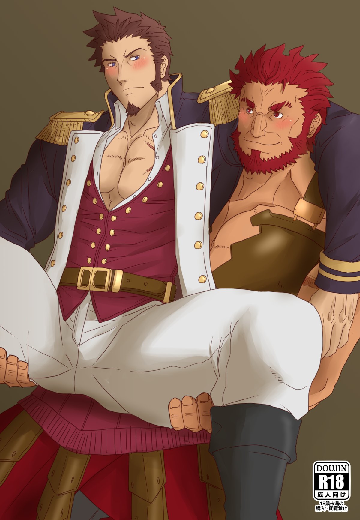 2boys abeberries armor bara beard belt blush boots chest cover cover_page doujin_cover epaulettes facial_hair fate/grand_order fate_(series) highres holding_another jacket leather male_focus multiple_boys muscle napoleon_bonaparte_(fate/grand_order) open_clothes open_jacket pants pectorals red_eyes redhead rider_(fate/zero) scar sideburns simple_background smile thighs upper_body white_pants