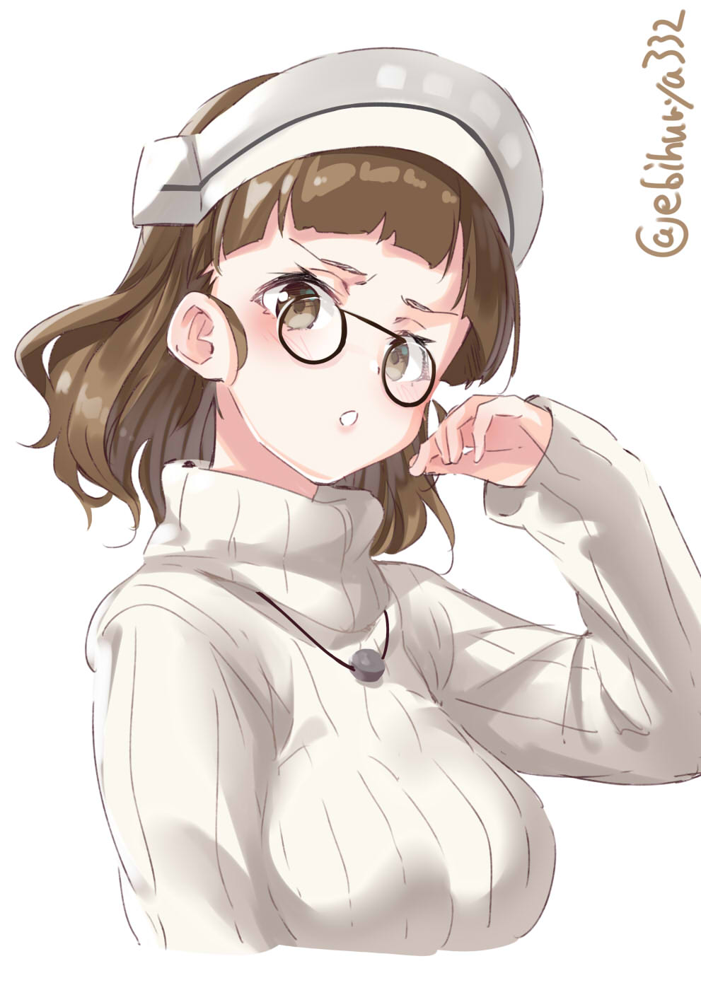 1girl blush breasts brown_eyes brown_hair capelet ebifurya glasses headdress highres kantai_collection large_breasts long_sleeves looking_at_viewer open_mouth pince-nez remodel_(kantai_collection) roma_(kantai_collection) short_hair simple_background sweater twitter_username wavy_hair white_background white_sweater