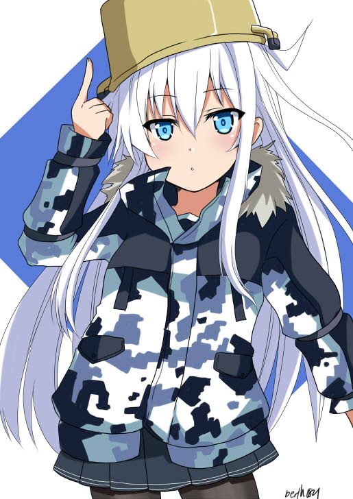 1girl black_legwear blue_eyes blush bucket bucket_on_head camouflage_jacket flat_cap hair_between_eyes hair_ornament hat hibiki_(kantai_collection) hinase_(jet_hearts) kantai_collection long_hair long_sleeves looking_at_viewer object_on_head open_mouth pantyhose pleated_skirt remodel_(kantai_collection) silver_hair skirt solo two-tone_background verniy_(kantai_collection)