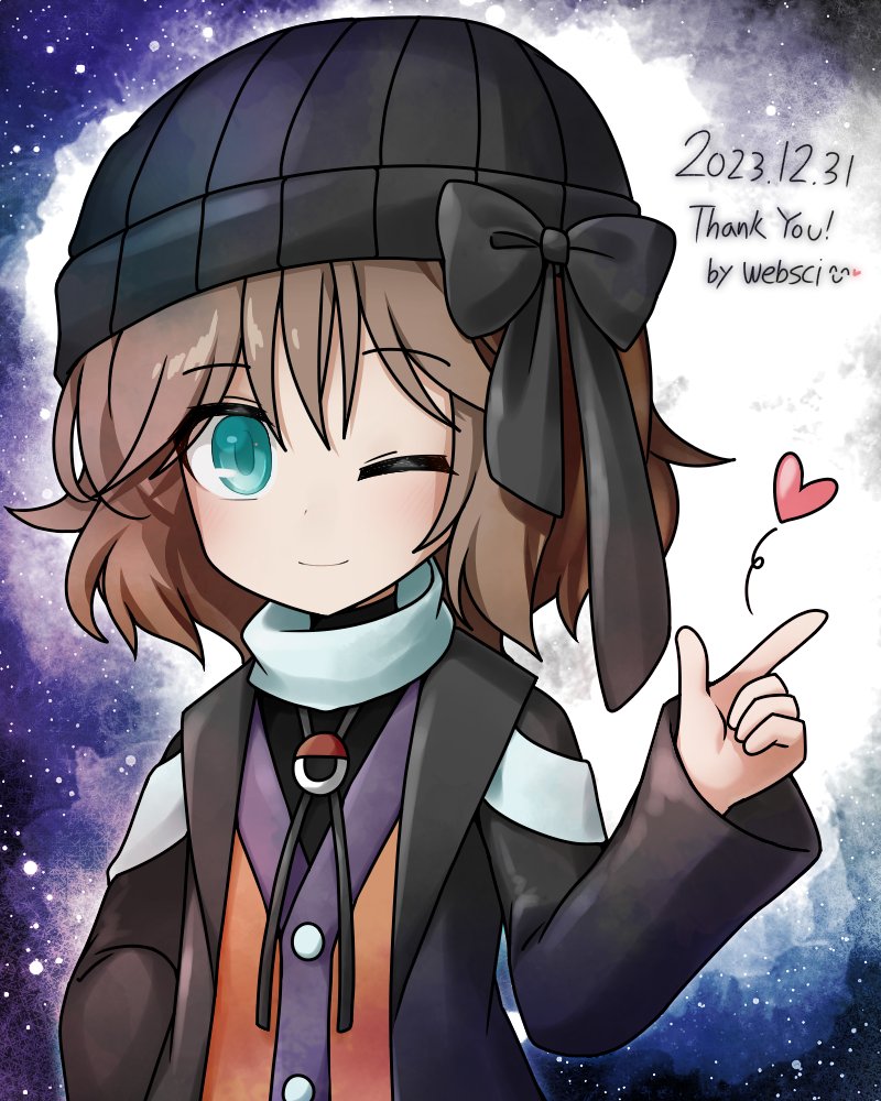 1other ;) adapted_costume androgynous beanie black_headwear black_ribbon black_sweater blue_eyes brown_hair cardigan closed_mouth commentary_request english_text hand_up hat hat_ribbon heart jacket kuzu_suzumi len'en long_sleeves medium_hair one_eye_closed open_clothes open_jacket orange_cardigan other_focus ribbon smile solo sweater turtleneck turtleneck_sweater websci_3357