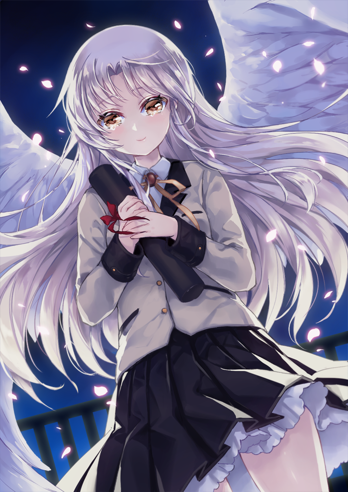 1girl angel_beats! angel_wings black_skirt closed_mouth collared_shirt cowboy_shot dutch_angle feathered_wings floating_hair holding jacket layered_skirt long_hair long_sleeves looking_at_viewer mieux0_0 miniskirt neck_ribbon night night_sky outdoors pleated_skirt ribbon shirt silver_hair skirt sky smile solo standing tachibana_kanade very_long_hair white_jacket white_shirt white_wings wing_collar wings yellow_eyes yellow_ribbon