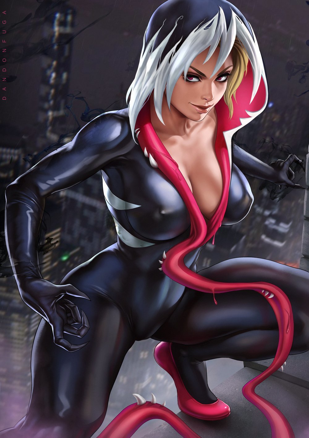 blonde_hair breasts covered_nipples dandon_fuga dark_persona eyebrow_piercing gwen_stacy highres hood hood_down hooded_jacket jacket large_breasts makeup marvel mascara piercing red_eyes spider-gwen spider-man_(series)