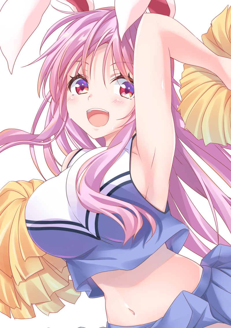1girl :d alternate_costume animal_ears arm_up armpits bangs bare_arms bare_shoulders blue_skirt blush breasts cheerleader commentary_request crop_top eyebrows_visible_through_hair hair_between_eyes holding holding_pom_poms kue large_breasts long_hair looking_at_viewer midriff miniskirt navel open_mouth pom_poms purple_hair rabbit_ears red_eyes reisen_udongein_inaba simple_background skirt sleeveless smile solo stomach sweat touhou upper_body white_background