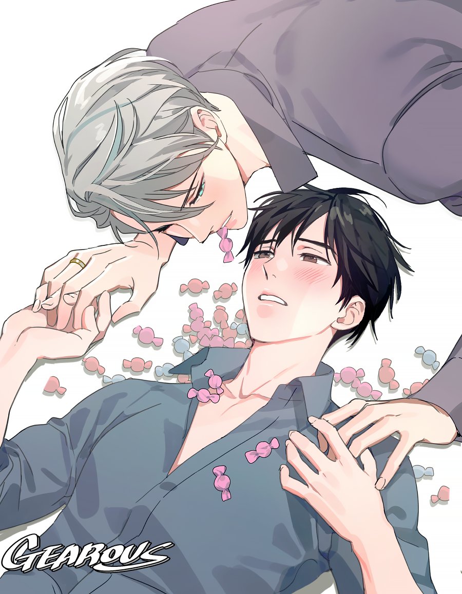 2boys artist_name biting black_hair blue_eyes blush brown_eyes candy chest collarbone commentary dress_shirt expressionless fingernails food food_in_mouth from_above gearous grey_hair grey_shirt holding_hands husband_and_husband interlocked_fingers jewelry katsuki_yuuri long_sleeves looking_at_another looking_away looking_up lying male_focus multiple_boys on_back on_floor on_stomach open_clothes open_shirt parted_lips purple_shirt ring shirt symbol_commentary too_many too_many_candies upper_body viktor_nikiforov wedding_ring yaoi yuri!!!_on_ice
