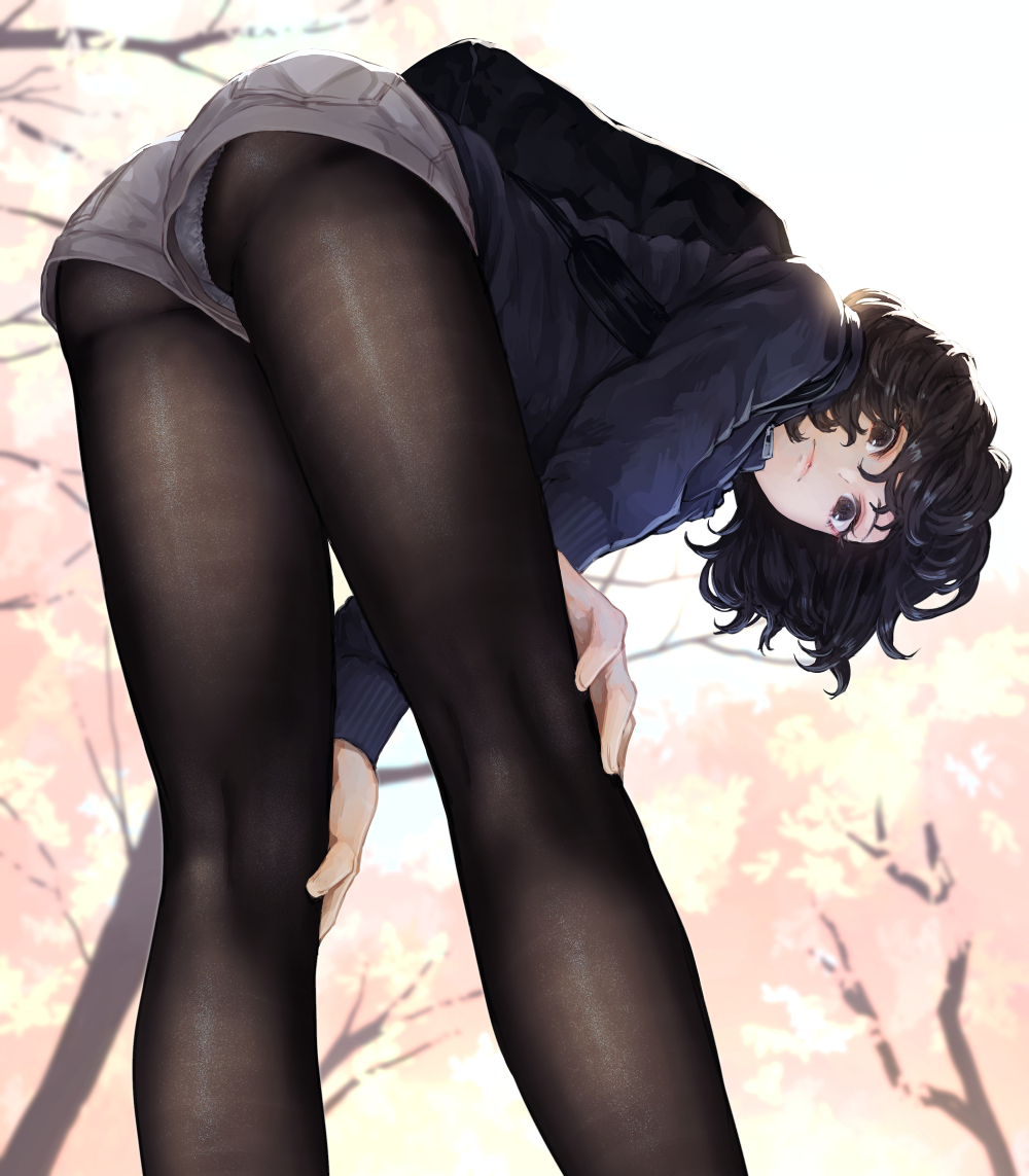 1girl bangs black_eyes black_hair black_legwear blue_sweater blush day from_behind from_below grey_shorts hands_on_own_knees leaning_forward looking_at_viewer looking_back original outdoors pantyhose short_hair short_shorts shorts sidelocks sky solo sweater wavy_hair yasukura_(shibu11)