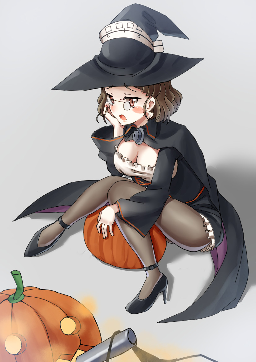 1girl black_dress black_skirt blush breasts brown_eyes brown_hair dress frilled_dress frills glasses halloween halloween_costume hat kantai_collection large_breasts long_dress looking_at_viewer mayura2002 open_mouth pantyhose pince-nez pumpkin roma_(kantai_collection) shadow short_hair skirt solo wavy_hair witch witch_hat