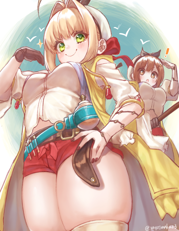 2girls ahoge atelier_(series) atelier_ryza belt blonde_hair blush breasts brown_belt brown_hair closed_mouth cosplay fate/extra fate_(series) gloves green_eyes hand_on_hip hat looking_at_viewer medium_breasts multiple_girls nero_claudius_(fate) nero_claudius_(fate)_(all) red_shorts reisalin_stout reisalin_stout_(cosplay) short_hair short_shorts shorts single_glove smile thigh-highs thighs white_headwear yayoimaka03