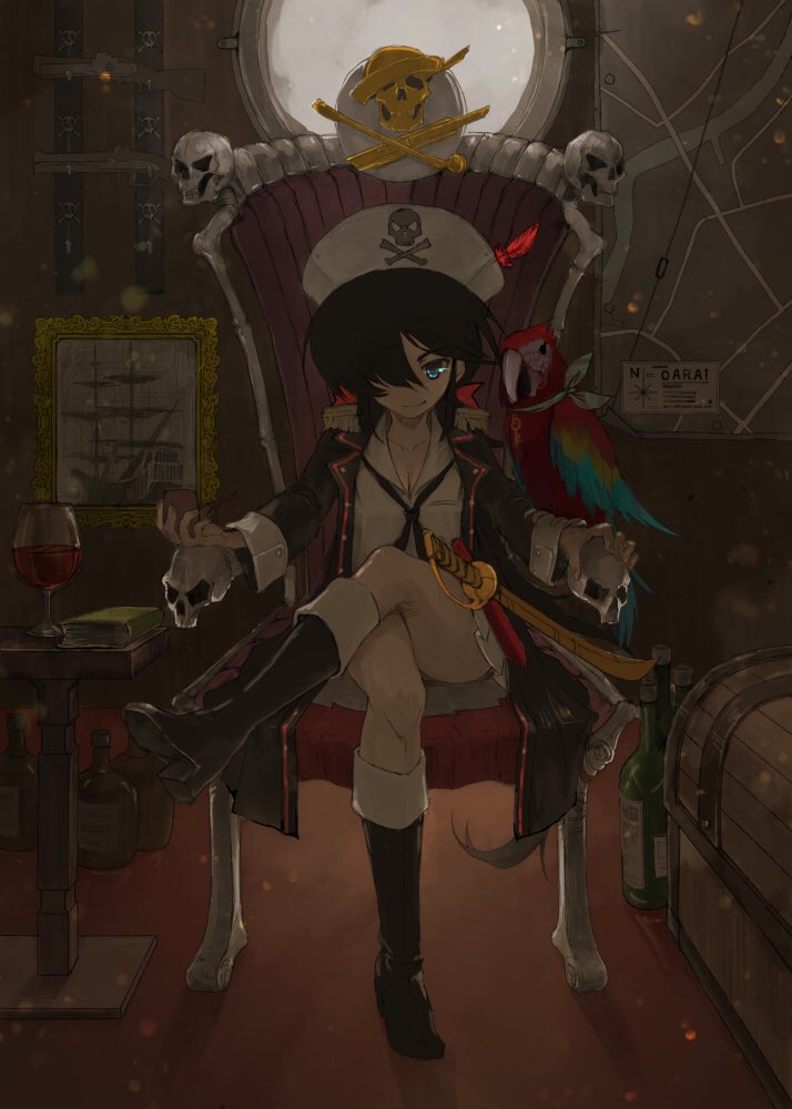1girl bangs black_coat black_eyes black_footwear black_hair black_neckwear blouse book boots bottle bow chest closed_mouth coat commentary crossed_legs cup dark dark_skin dixie_cup_hat drinking_glass girls_und_panzer hair_bow hair_over_one_eye hat hat_feather high_heel_boots high_heels holding holding_cup indoors long_sleeves looking_at_viewer military_hat neckerchief ogin_(girls_und_panzer) ooarai_naval_school_uniform open_clothes open_coat portrait_(object) print_hat red_bow sailor sailor_collar school_uniform scimitar sitting skull skull_and_crossbones smile solo sword weapon white_blouse white_headwear window wine_glass wooden_chair yurikuta_tsukumi