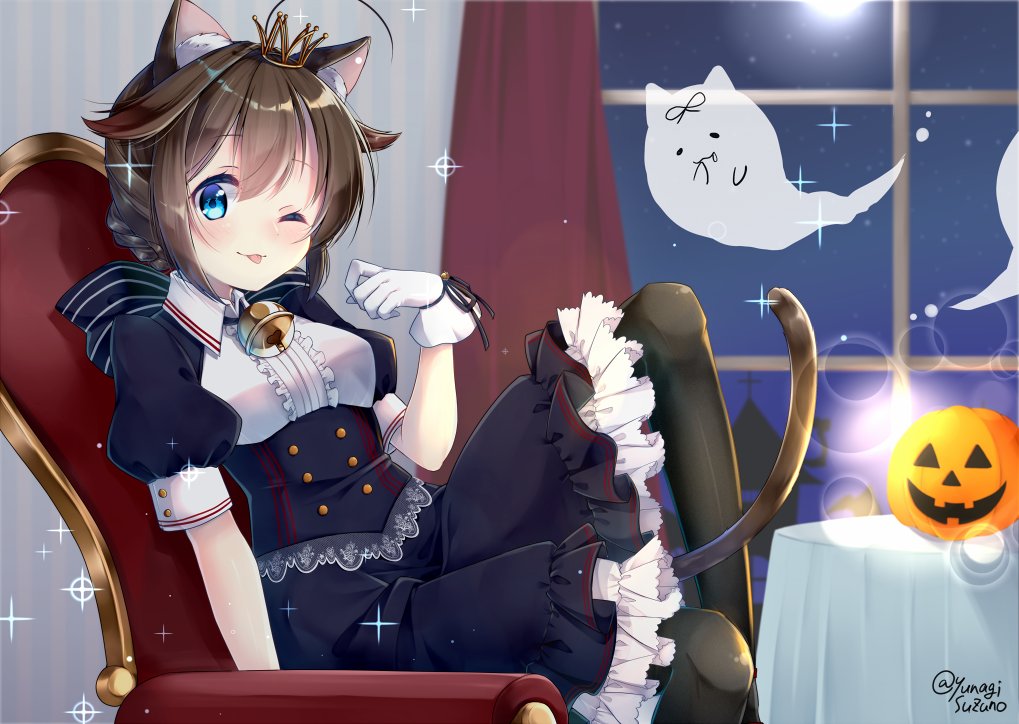 1girl :3 ahoge animal_ears bangs bell black_dress black_legwear blue_eyes blush braid breasts brown_hair cat_ears cat_tail chair crown dress frilled_dress frills full_moon ghost gloves hair_flaps halloween halloween_costume indoors jack-o'-lantern joujou kantai_collection moon night one_eye_closed remodel_(kantai_collection) ribbon shigure_(kantai_collection) short_sleeves sitting solo sparkle table tail tongue tongue_out twitter_username white_gloves window