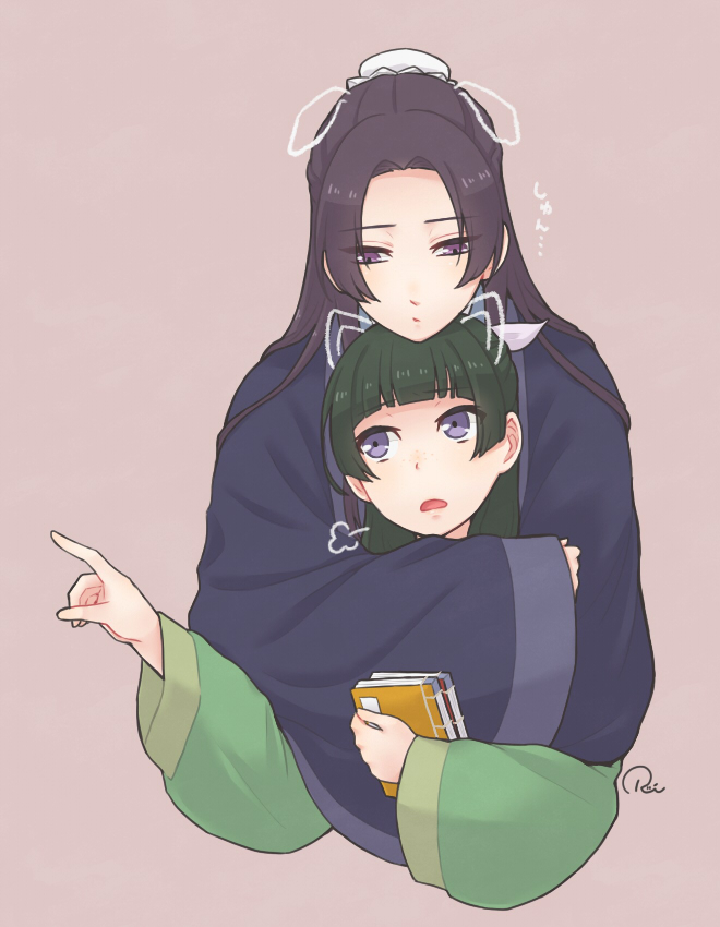 1boy 1girl animal_ears bangs book bun_cover cat_ears chinese_clothes dog_ears drawn_ears green_hair hair_bun half-closed_eyes half_updo hetero holding holding_book hug hug_from_behind jinshi_(kusuriya_no_hitorigoto) kusuriya_no_hitorigoto long_hair long_sleeves looking_at_another looking_away maomao_(kusuriya_no_hitorigoto) pointing purple_hair red_background ruei_(chicking) sideways_glance sigh sleeveless violet_eyes wide_sleeves