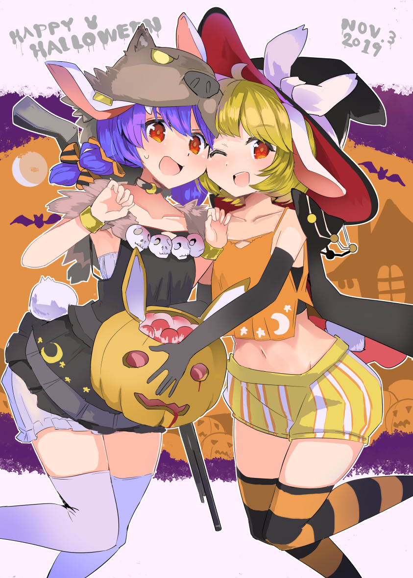 2girls :d ;d adapted_costume alternate_costume alternate_headwear animal_ears animal_hat bangs bare_shoulders black_choker black_dress black_gloves black_headwear blonde_hair bloomers blue_hair blush bracelet bunny_tail camisole cheek-to-cheek choker claw_pose collarbone commentary_request crescent dated dress elbow_gloves eyebrows_visible_through_hair feet_out_of_frame gloves halloween hand_up happy_halloween hat holding jack-o'-lantern jewelry long_hair looking_at_viewer low_twintails midriff multi-tied_hair multiple_girls navel one_eye_closed open_mouth orange_legwear puuakachan rabbit_ears red_eyes ringo_(touhou) seiran_(touhou) short_dress short_hair short_shorts shorts smile spaghetti_strap stomach striped striped_legwear sweat tail thigh-highs thighs touhou twintails underwear vertical_stripes white_bloomers white_legwear witch_hat wolf_hat