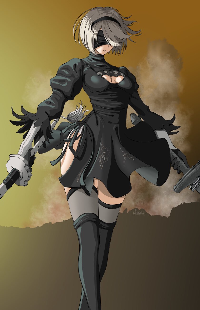 1girl back_cutout black_blindfold black_dress black_hairband black_legwear blindfold boots breasts chaesu cleavage_cutout covered_eyes dress dual_wielding feather-trimmed_sleeves gloves hairband high_heel_boots high_heels highleg highleg_leotard highres holding juliet_sleeves katana leather leather_boots leotard long_sleeves medium_breasts mole mole_under_mouth nier_(series) nier_automata puffy_sleeves short_hair silver_hair solo sword thigh-highs thigh_boots thighhighs_under_boots vambraces virtuous_contract weapon white_hair white_leotard yorha_no._2_type_b