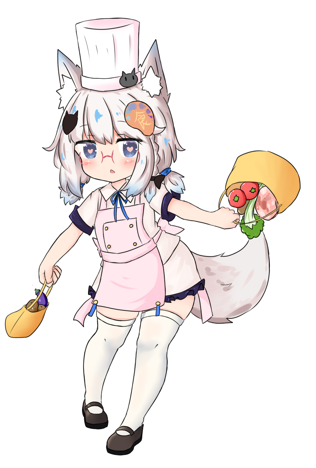 1girl animal_ear_fluff animal_ears apron bag bailingxiao_jiu bangs bikini black_bikini black_footwear blue_eyes blue_ribbon blush bow braid chef_hat collared_shirt eggplant eyebrows_visible_through_hair food frilled_skirt frills full_body hair_bow hat heart heart-shaped_pupils highres holding holding_bag looking_at_viewer low_twintails meat neck_ribbon original parted_lips pink_apron potato ribbon shirt shoes short_sleeves short_twintails side_braid silver_hair simple_background single_braid skirt solo swimsuit symbol-shaped_pupils tail thigh-highs tomato twintails white_background white_headwear white_legwear white_shirt white_skirt