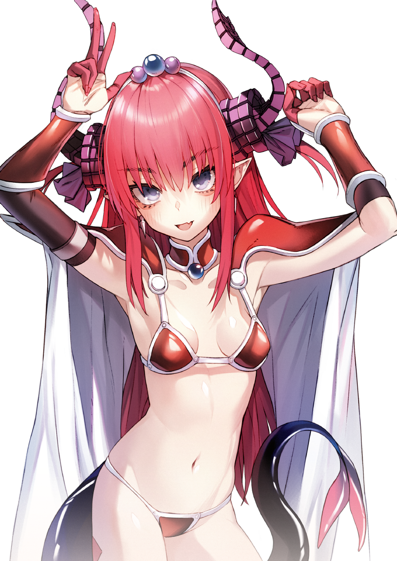 1girl armor arms_up bikini_armor blush breasts cape collarbone elizabeth_bathory_(brave)_(fate) elizabeth_bathory_(fate)_(all) fang fate/grand_order fate_(series) horns long_hair looking_at_viewer navel open_mouth pointy_ears pokan_(xz1128) redhead revision small_breasts smile solo tail violet_eyes white_background white_cape