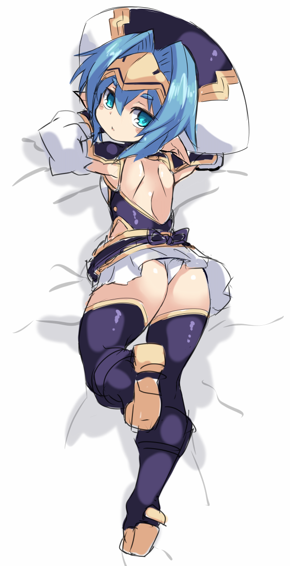 1girl ass backless_leotard backless_outfit bangs bed_sheet black_leotard blue_eyes blue_hair blush_stickers boots breasts eyebrows_visible_through_hair full_body hair_between_eyes hair_intakes hat headpiece hellmatio karukan_(monjya) knee_boots leg_up leotard long_sleeves looking_at_viewer looking_back lying on_stomach parted_lips pointy_ears puffy_long_sleeves puffy_sleeves purple_footwear purple_legwear shinrabanshou shoe_soles sketch small_breasts solo thick_eyebrows thigh-highs thighhighs_under_boots white_background white_headwear
