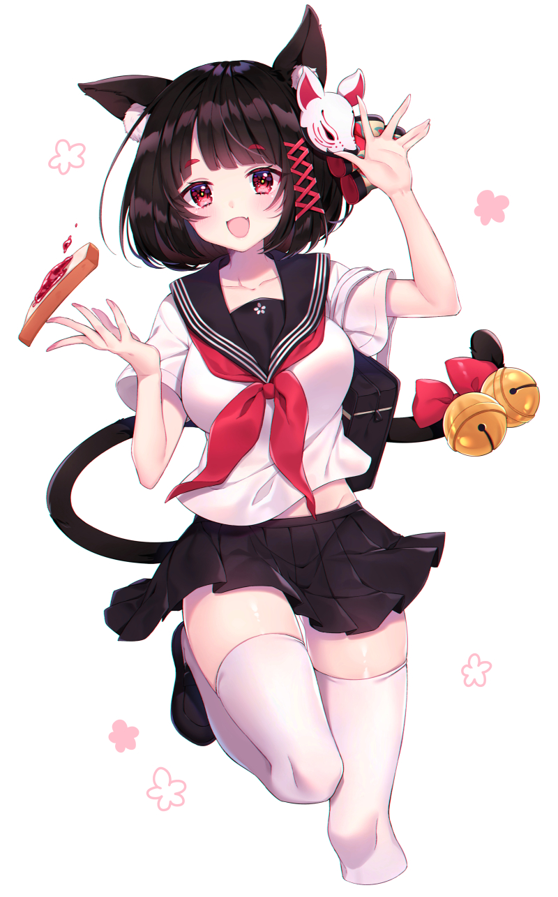 1girl animal_ear_fluff azur_lane bell black_hair black_sailor_collar black_skirt blush breasts cat_tail collarbone commentary_request fang food hands_up highres jingle_bell large_breasts looking_at_viewer neckerchief open_mouth pleated_skirt red_neckwear sailor_collar school_uniform serafuku shirt short_hair short_sleeves simple_background skirt smile solo tail tail_bell thigh-highs toast usano white_background white_legwear white_shirt yamashiro_(azur_lane) yamashiro_(street_corner_offensive!)_(azur_lane)