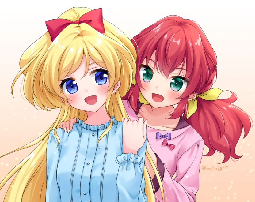 2girls :d aikatsu!_(series) aikatsu_friends! asuka_mirai_(aikatsu_friends!) bangs blonde_hair blue_eyes blue_shirt blush bow brown_background collarbone commentary_request eyebrows_visible_through_hair gradient gradient_background green_eyes hair_between_eyes hair_bow hair_ribbon hand_up hands_on_another's_shoulders high_ponytail hoshino_kagari kamishiro_karen long_hair long_sleeves low_twintails multiple_girls open_mouth pink_shirt ponytail red_bow redhead ribbon shirt smile twintails twitter_username upper_body very_long_hair white_background yellow_ribbon