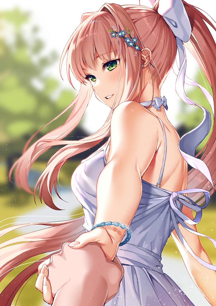 1girl bangs blurry blurry_background blush bow breasts brown_hair commentary day doki_doki_literature_club dress english_commentary eyebrows_visible_through_hair from_behind green_eyes hair_bow hair_ribbon holding_hands long_hair looking_at_viewer looking_back monika_(doki_doki_literature_club) outdoors parted_lips ponytail pov ribbon satchely sidelocks sky smile solo_focus sundress very_long_hair white_ribbon