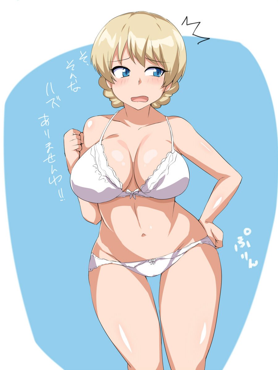 /\/\/\ 1girl bangs blonde_hair blue_eyes blush bow bow_bra bow_panties bra braid breasts clenched_hand commentary darjeeling dutch_angle embarrassed eyebrows_visible_through_hair frown girls_und_panzer groin hand_on_hip highres lace lace-trimmed_panties large_breasts looking_to_the_side lowleg lowleg_panties navel panties short_hair solo standing sugamo thighs tied_hair twin_braids underwear underwear_only white_bra white_panties