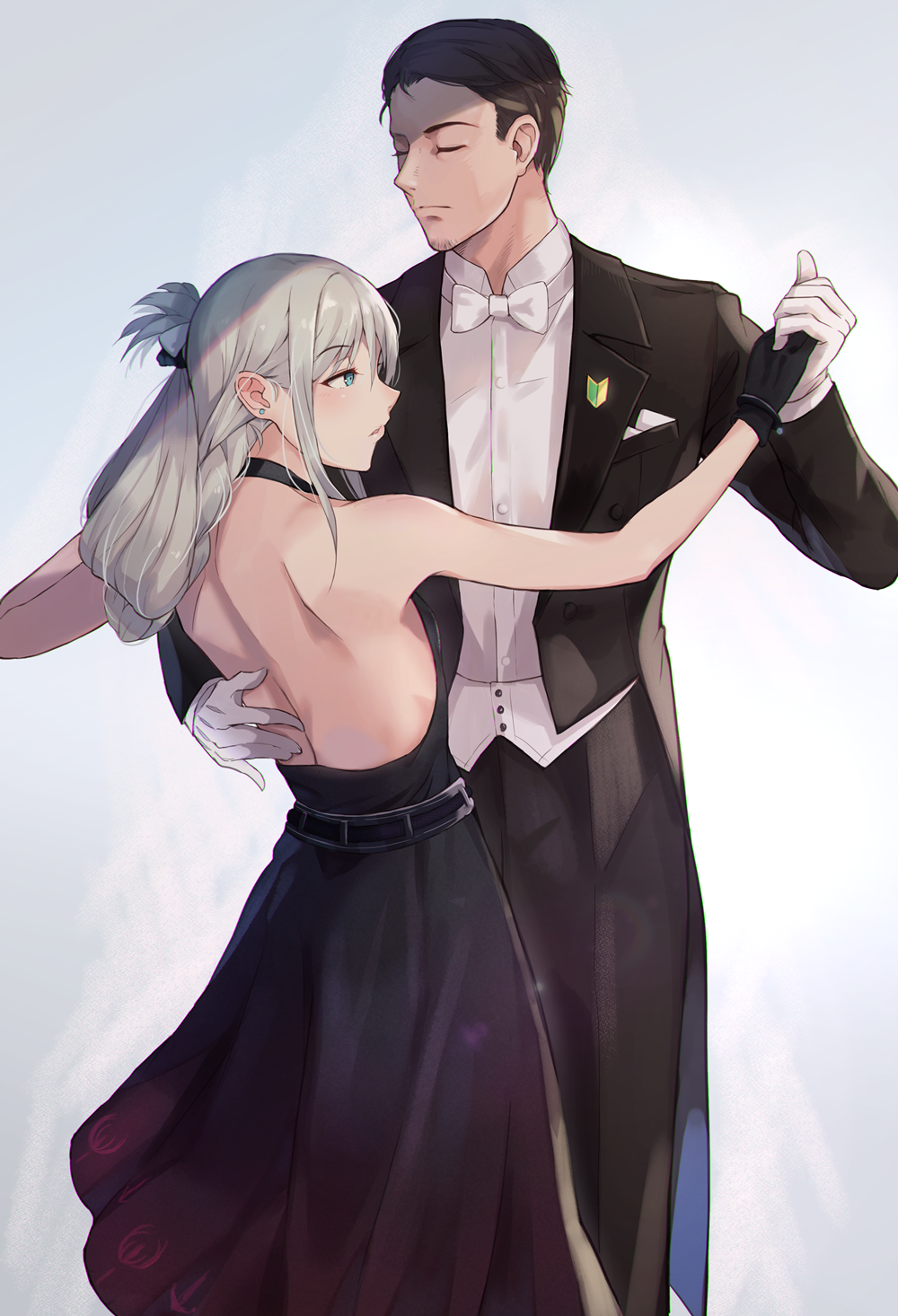 1boy 1girl alternate_costume an-94_(girls_frontline) backless_dress backless_outfit bangs bare_shoulders belt black_dress black_gloves black_hairband black_jacket black_pants blue_eyes blush bow bowtie braid breasts closed_eyes dancing dress earrings eyebrows_visible_through_hair facial_hair folded_ponytail formal girls_frontline gloves goatee gradient_dress hairband highres holding_hands jacket jewelry long_hair looking_at_another necklace niac off-shoulder_dress off_shoulder pants parted_lips purple_dress shirt sidelocks silver_hair simple_background small_breasts stud_earrings tuxedo white_gloves white_neckwear white_shirt