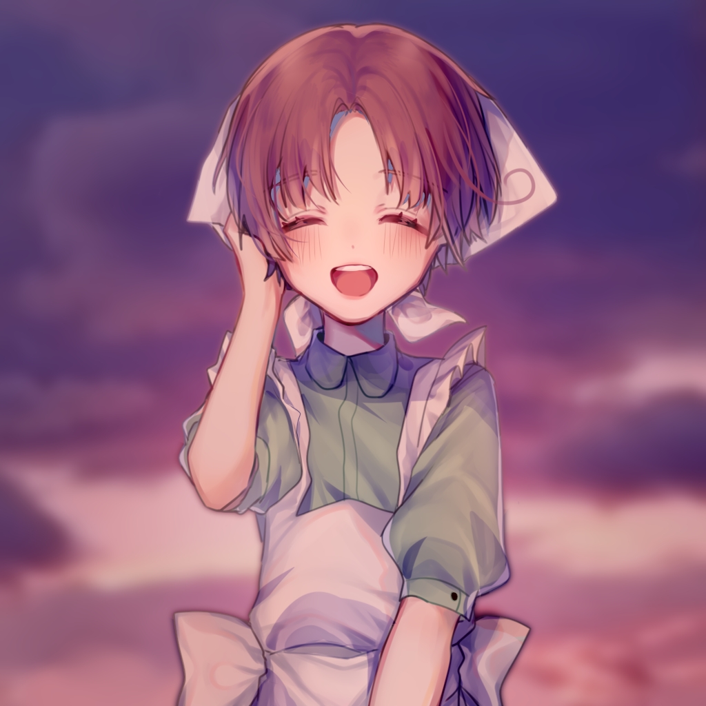1boy :d apron axis_powers_hetalia bangs blurry blurry_background blush brown_hair closed_eyes facing_viewer gradient_sky hand_up naki_mushi northern_italy_(hetalia) open_mouth outdoors parted_bangs short_sleeves sky smile solo upper_body