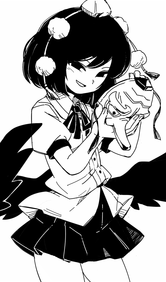 1girl black_eyes black_hair black_skirt black_wings collared_shirt cowboy_shot greyscale hat holding holding_mask looking_at_viewer maguro_(mawaru_sushi) mask miniskirt monochrome neck_ribbon open_mouth pleated_skirt pom_pom_(clothes) ribbon shameimaru_aya shirt short_hair short_sleeves simple_background skirt smile solo tassel tengu tengu_mask tokin_hat touhou white_background white_shirt wings