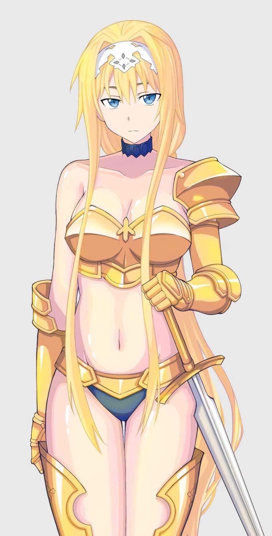 alice_schuberg annoyed armor big_breasts bikini_armor blonde_hair blue_eyes choker cleavage gauntlets gold golden_armor headband sword sword_art_online sword_art_online_alicization very_long_hair