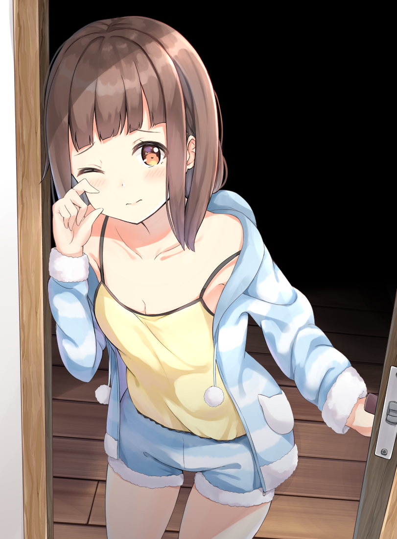 1girl bangs blue_pajamas blue_shorts blush breasts brown_eyes brown_hair camisole closed_mouth collarbone commentary_request cowboy_shot door doors hand_on_own_cheek hand_on_own_face indoors keiran_(ryo170) long_sleeves looking_at_viewer medium_hair one_eye_closed open_clothes original pajamas revision shorts small_breasts solo standing strap_slip wooden_floor