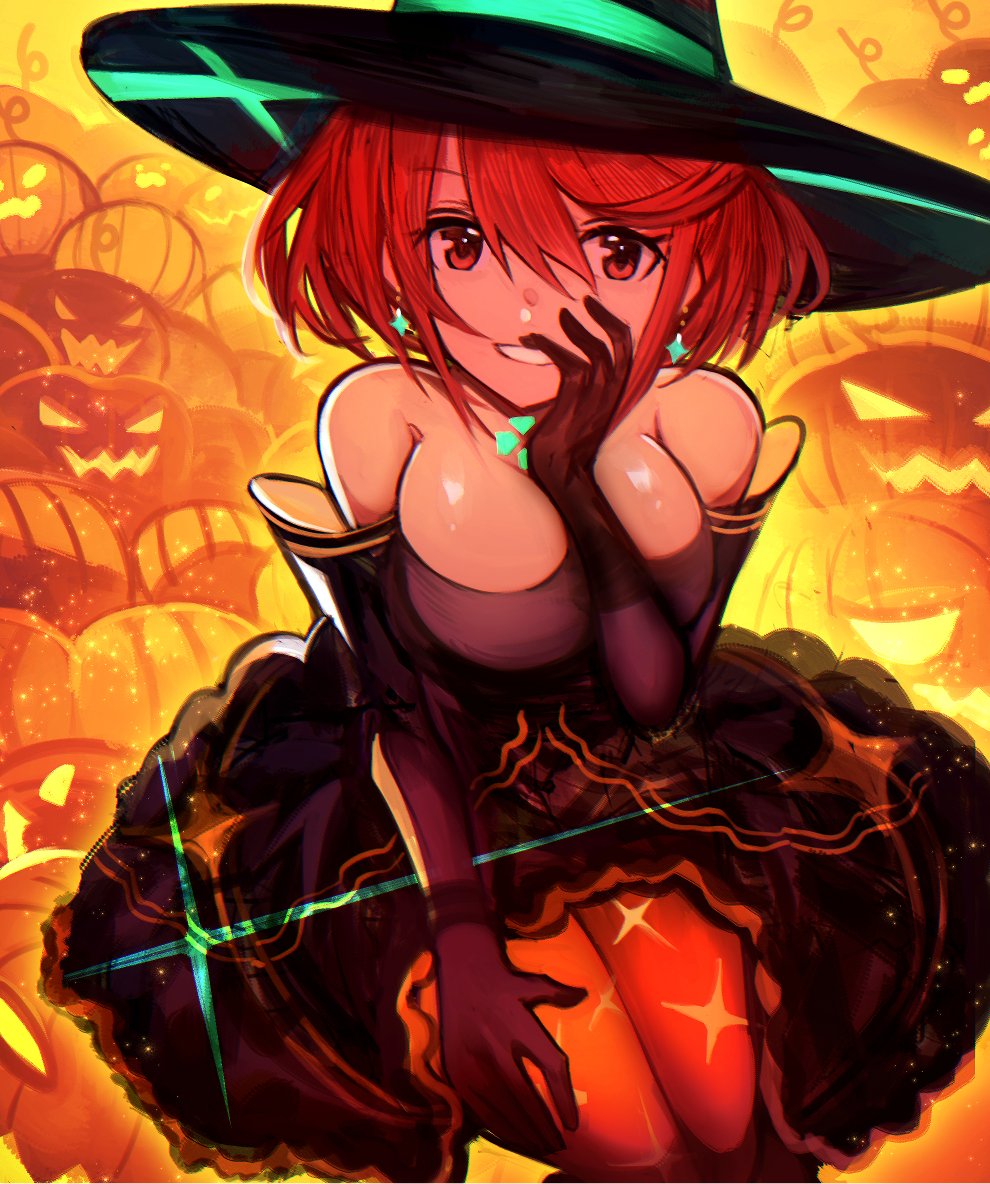 1girl bare_shoulders black_dress black_gloves breasts dress earrings elbow_gloves gloves glowing grin hair_between_eyes halloween_costume hand_on_own_cheek hat pyra_(xenoblade) jack-o'-lantern jewelry large_breasts leggings orange_legwear pumpkin red_eyes redhead short_hair smile solo tarbo_(exxxpiation) witch_hat xenoblade_(series) xenoblade_2