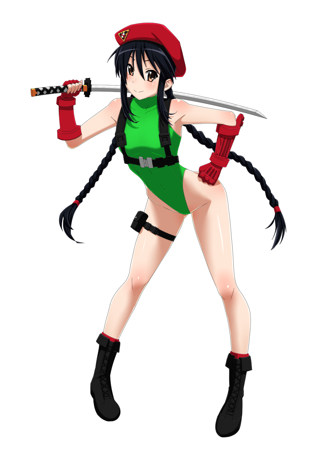 1girl alternate_costume alternate_hairstyle beret black_footwear black_hair boots braid brown_eyes cammy_white cammy_white_(cosplay) commissioner_upload cosplay cross-laced_footwear drawfag fingerless_gloves full_body gloves green_leotard hat highleg highleg_leotard highres lace-up_boots leotard long_hair looking_at_viewer red_gloves red_headwear shakugan_no_shana shana smile solo strap street_fighter sword transparent_background twin_braids weapon