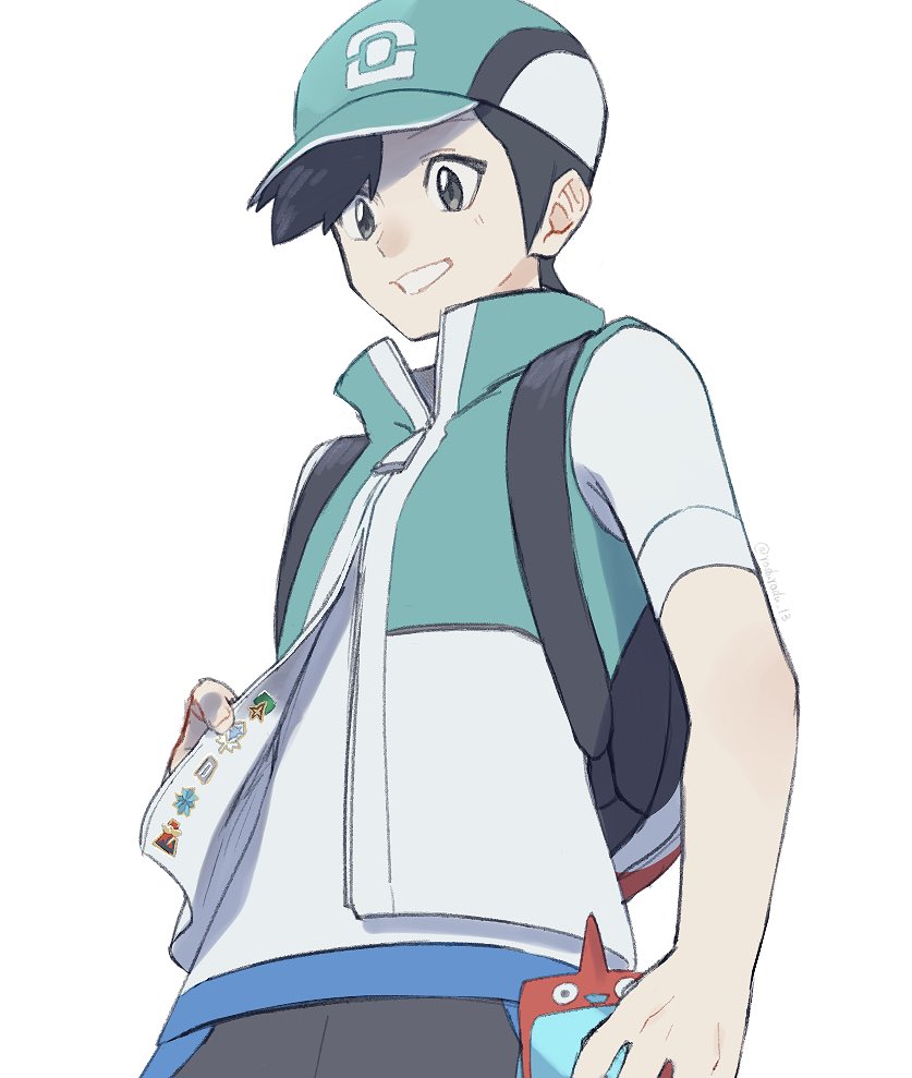 1boy backpack badge bag baseball_cap black_hair grey_eyes grin hat holding kei_(pokemon) looking_down male_focus pokemon pokemon_(game) pokemon_masters pokemon_special rotom_phone rozu_ki short_sleeves simple_background smile solo standing white_background zipper_pull_tab