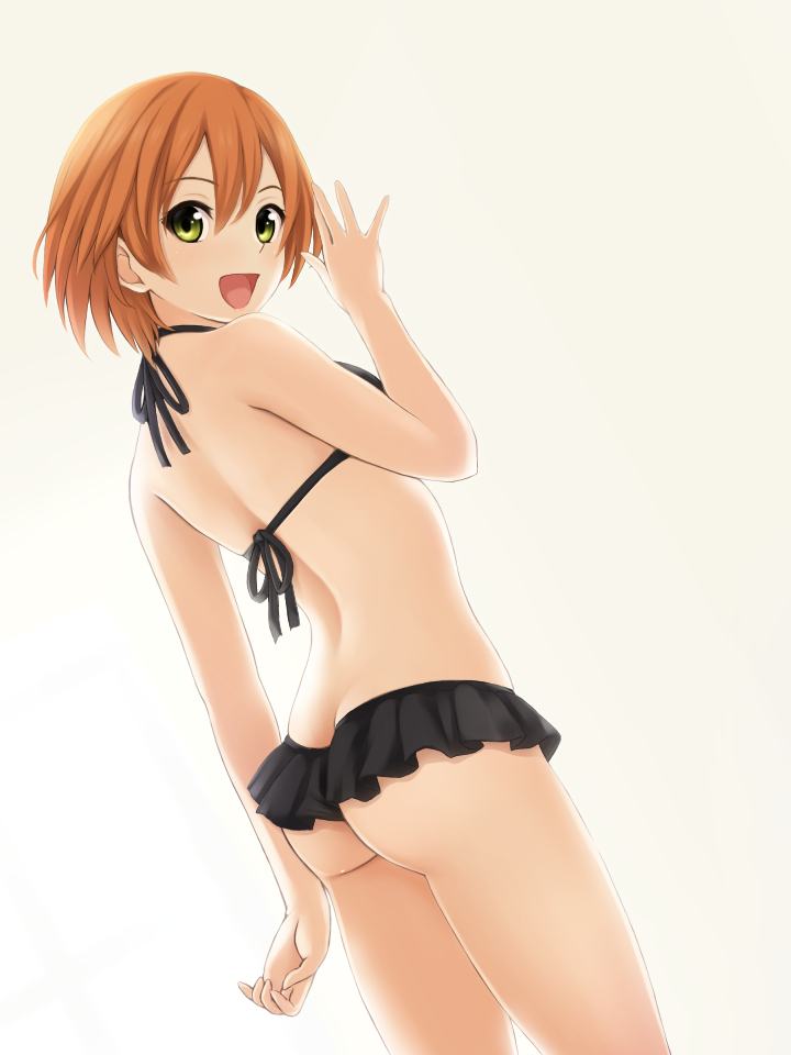 1girl ass bare_shoulders bikini black_bikini brown_hair commentary_request from_behind green_eyes hoshizora_rin looking_at_viewer love_live! love_live!_school_idol_project nonaka_ritsu open_mouth orange_hair short_hair simple_background smile solo swimsuit white_background