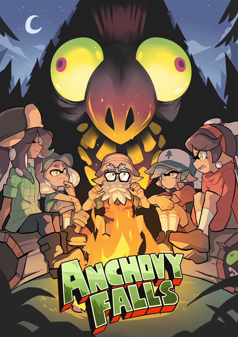 1boy 4girls aori_(splatoon) beard boots brown_eyes campfire commander_atarime cosplay dipper_pines dipper_pines_(cosplay) facial_hair glasses gravity_falls hat highres hime_(splatoon) hotaru_(splatoon) iida_(splatoon) mabel_pines mabel_pines_(cosplay) monster multiple_girls night parody pointy_ears salmonid socks splatoon_(series) splatoon_1 splatoon_2 sweater tentacle_hair wong_ying_chee